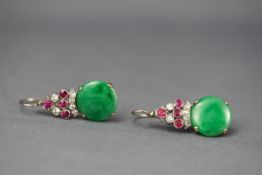 A pair of jadeite, diamond and ruby drop earrings. Hook fitting, tests indicate 18ct gold. 6.