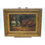 R Symonds, Farm dwellings, oil on canvas in large Victorian gesso and gilt frame, signed lower left,