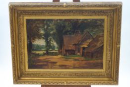 R Symonds, Farm dwellings, oil on canvas in large Victorian gesso and gilt frame, signed lower left,
