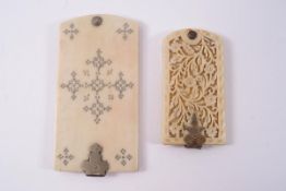 A 19th century ivory aide memoire, with white metal pin decoration, 8.5cm x 4.