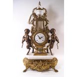 A contemporary Italian marble and gilt metal mantel clock of lyre form, flanked by satyrs,