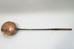 A 17th/18th century Anglo Dutch copper warming pan with wrought iron and turned wooden handle and