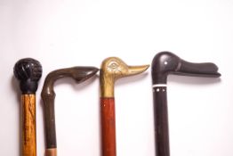 A Country walking stick with carved horn hoof handle, a brass duck's head walking stick,