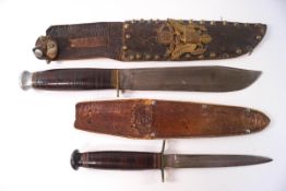 An 8" bowie knife with stacked handle and leather sheath; and a stiletto knife and sheath,