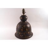An Indian papier mache table lamp, painted with flowers and birds on a black ground,