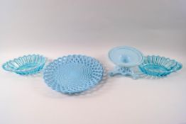 A collection of Victorian glass comprising: a Sowerby basket weave dish on triform stand, 10cm high,