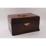 A George III mahogany tea caddy with three interior compartments, brass escutcheon and handle, 24.