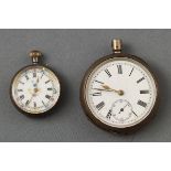 One open face pocket watch with white roman numeral dial and additional second hand sweep.