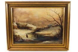 19th century, English school, Children skating on a frozen river, oil on panel,