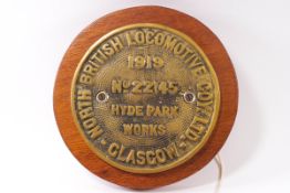 A North British Locomotive COY Ltd Glasgow circular brass plaque, for Hyde Park Works, No.