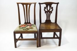 A Chippendale style oak and elm chair and another with woolwork floral seat