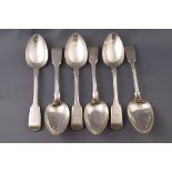 A set of five silver fiddle pattern dessert spoons, each engraved with a crest, London 1790,