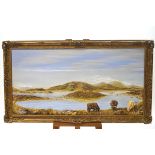 A M Sweet, Highland cattle grazing on the edges of a loch, oil on canvas, signed lower left,