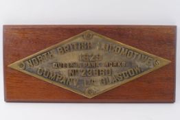 A North British Locomotive Company of Glasgow brass plaque, for Queen's Park Works, no.