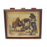 A Victorian Berlin woolwork of a poacher, horse, dog and child in a landscape,