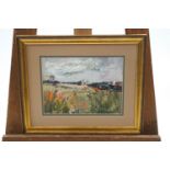 Elizabeth Polunin, Townscape with meadow, oil on board, signed lower right and dated 03, 18cm x 24.