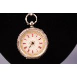 A silver open face pocket watch with foliate engraved case and a ceramic floral dial.