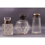 A Victorian square cut glass scent bottle and stopper with silver collar, 9.