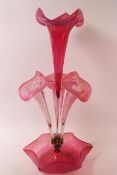 A Victorian pink and purple glass epergne with far Jack in the pulpit vases,