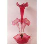 A Victorian pink and purple glass epergne with far Jack in the pulpit vases,