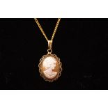 A yellow metal pendant set with a carved cameo, suspended from a filed curb link chain.