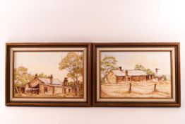 E G S Australian 20th century School, View of dwellings, enamel on porcelain, 18cm x 28cm,