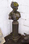 A re-constituted stone bust of a classical lady on a column base,