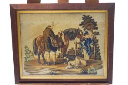 A Victorian Berlin woolwork of a poacher, horse, dog and child in a landscape,