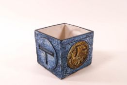 A Troika pottery square pot, with blue & brown glaze, painted factory mark and monograme "5k",