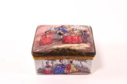 An 18th century French enamel snuff box, painted with scenes of couples courting,