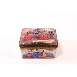 An 18th century French enamel snuff box, painted with scenes of couples courting,