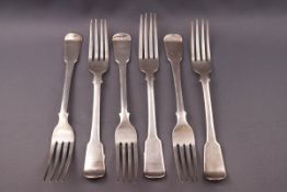 A set of six early 19th century silver fiddle pattern table forks, Exeter 1810,