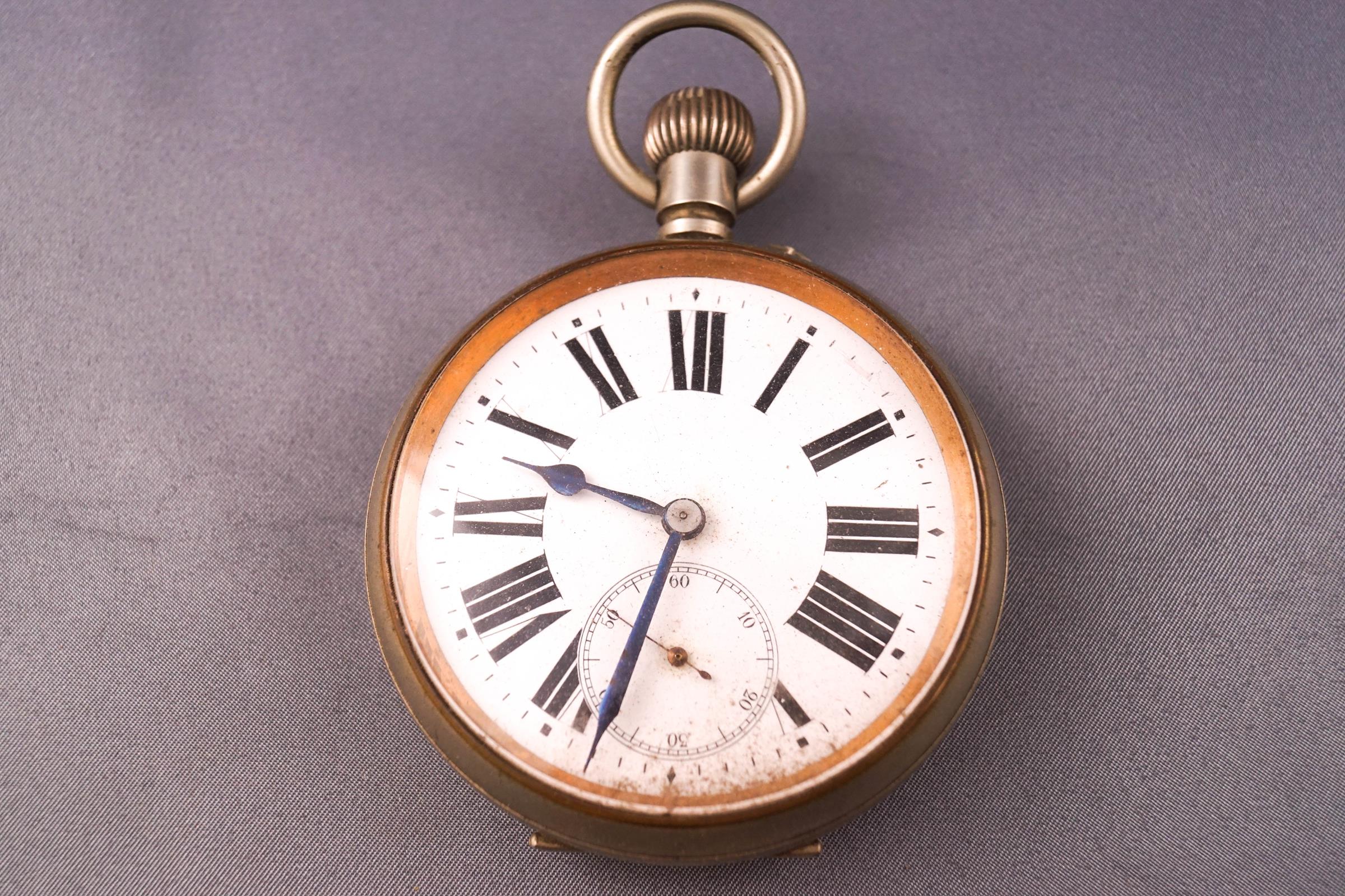 A silver plated giant pocket watch with enamel dial and subsidiary second dial, - Image 3 of 3