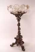 A Victorian table centre with cut glass bowl on a silver plated stand on three scroll feet, 54.