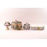 A collection of 20th century Dresden porcelain with floral encrusted decoration: a pierced pot