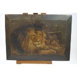 After Landseer, Two Lions, oil on panel, signed indistinctly lower right,