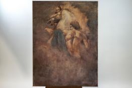 After Parrish, man and horse, print laid onto canvas,