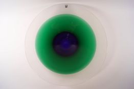 A Swedish Maleras glass dish, the blue and green centre with frosted border, engraved signature R.
