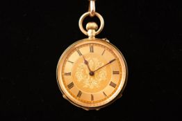An 18ct yellow gold open face pocket watch having a gold Roman dial with foliate design and