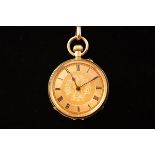 An 18ct yellow gold open face pocket watch having a gold Roman dial with foliate design and