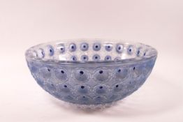 A Rene Lalique, frogspawn pattern bowl, frosted in blue, moulded mark, 10cm high x 25.5cm diameter.