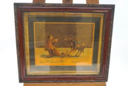 A painted and stained wood marquetry picture of a monk pulling a stubborn mule,