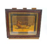 A painted and stained wood marquetry picture of a monk pulling a stubborn mule,