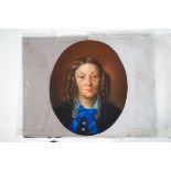 Victorian School, oval portrait of a lady wearing a blue ribbon bow, pastel,