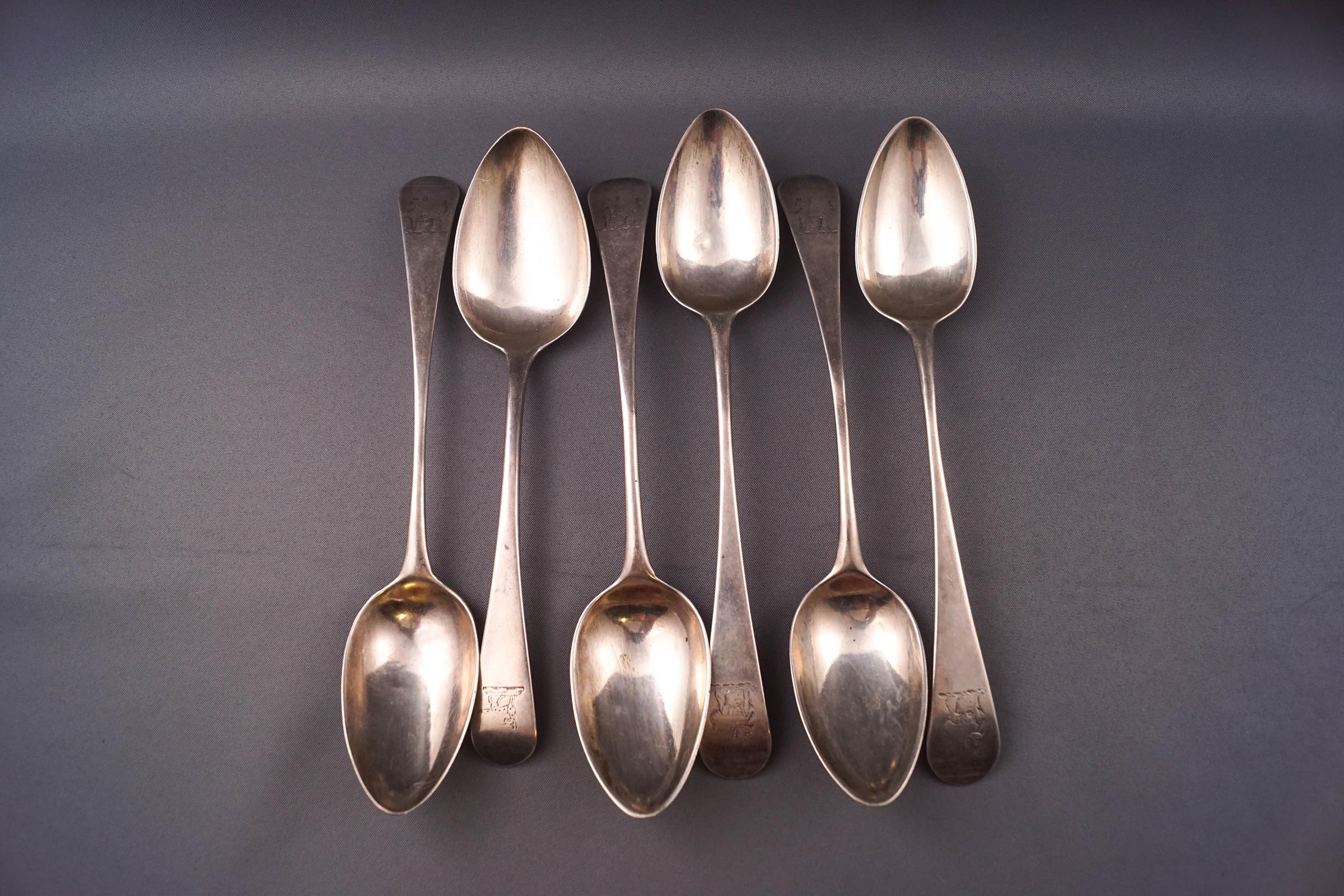 A set of five silver dessert spoons, no date letter, Duty mark, lion passant and makers mark "RF",