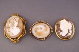 A collection of three brooches to include two cameo brooches and a mourning brooch.