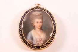 An 18th century portrait of a lady in a blue dress, watercolour on ivory,