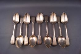 A collection of nine assorted silver fiddle pattern tea spoons, composite makers and dates,
