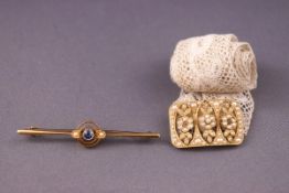 A gold bar brooch, stamped 15ct, cased,