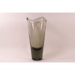 A Holmegaard Swedish smoked glass vase, of tapering cylindrical form, etched marks to base,